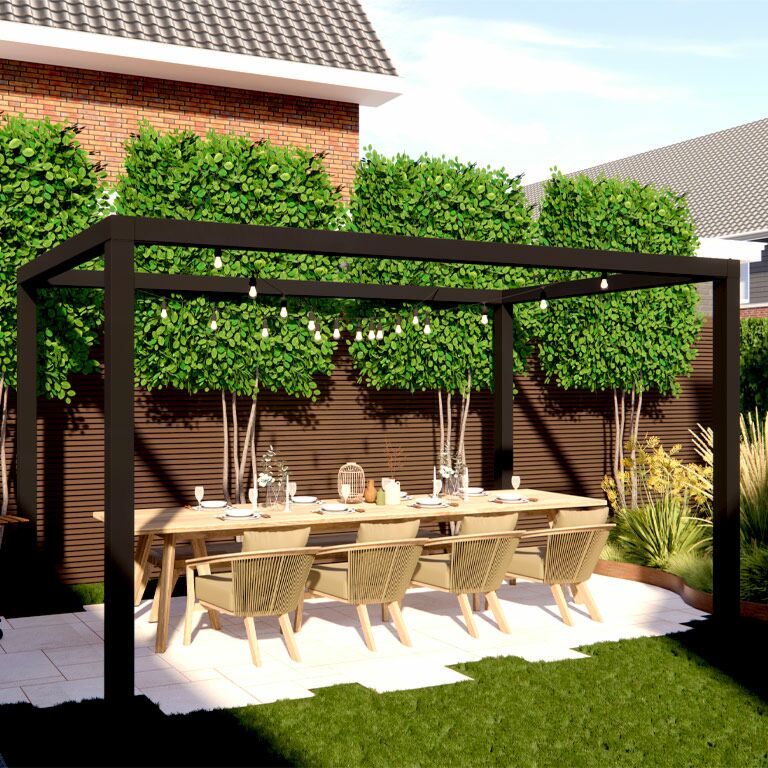 Powder-coated steel pergola square setup 324 x 300 cm