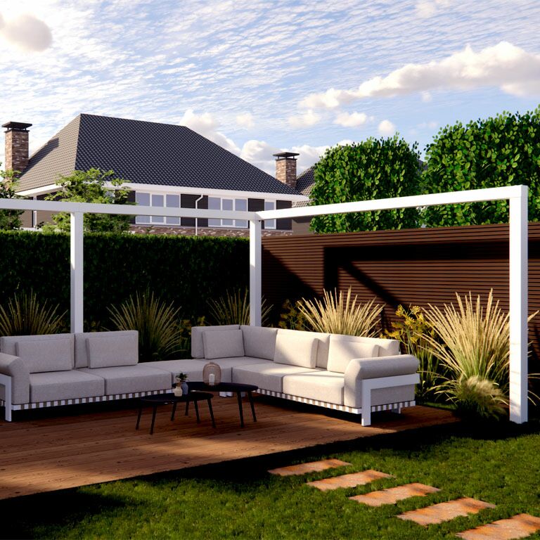 Powder-coated steel pergola corner setup 600 x 412 cm
