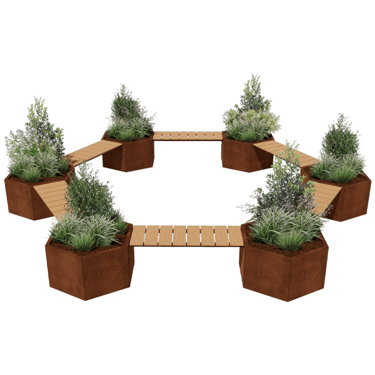 Corten steel planter with bench Vegas campfire setup