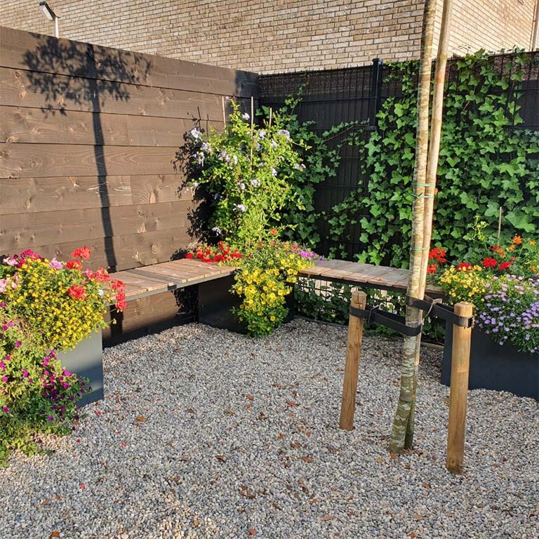 Powder coated steel planter with bench Vegas Miami corner setup