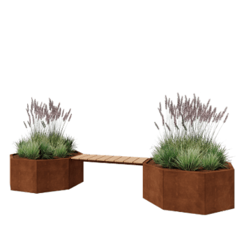 Corten steel planter - Octagon - 362,6 x 120,7 x 50 cm - With garden bench - Without bottom plate