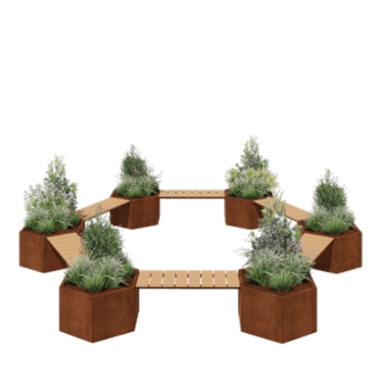 Corten steel planter - Campfire setup - 502,2 x 459,2 x 50 cm - With garden bench - Without bottom plate