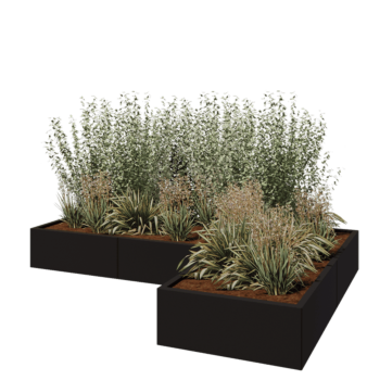 Steel planter - Corner - 240 x 160 x 30 cm - RAL9005 matt (black) - With bottom plate