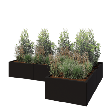 Steel planter - Corner - 240 x 160 x 40 cm - RAL9005 matt (black) - With bottom plate