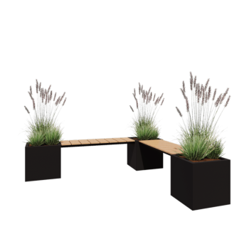 Steel planter - Square - Corner - 221,2 x 221,2 x 50 cm - RAL9005 matt (black) - With bottom plate - With garden bench