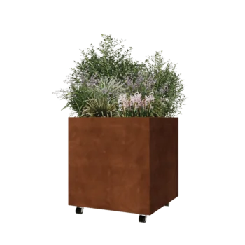 Corten steel planter - Square - 70 x 70 x 70 cm - With bottom plate - With wheels