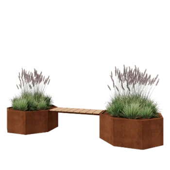 Corten steel planter - Octagon - 362,6 x 120,7 x 50 cm - With garden bench - Without bottom plate