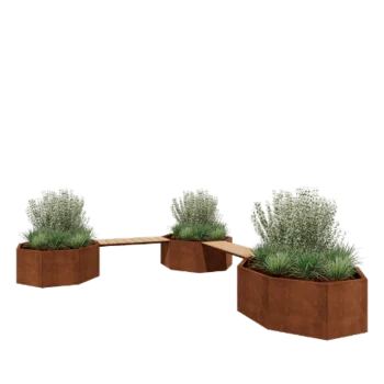 Corten steel planter - Octagon - Corner - 362,6 x 120,7 x 50 cm - With garden bench - Without bottom plate