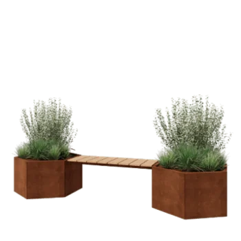 Corten steel planter - Hexagon - 294,4 x 99,3 x 50 cm - With garden bench - Without bottom plate