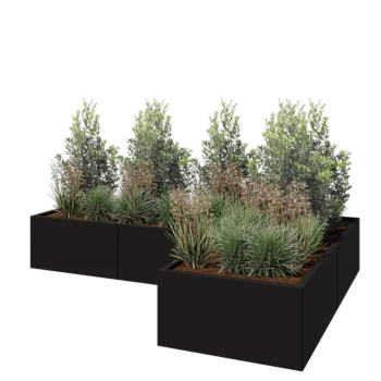 Steel planter - Corner - 240 x 160 x 40 cm - RAL9005 matt (black) - With bottom plate