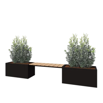 Steel planter - Rectangle - 321,2 x 50 x 50 cm - RAL9005 matt (black) - With bottom plate - With garden bench
